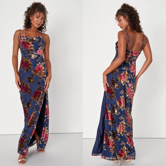 Lulus Chic Romantic Navy Blue Burnout Velvet Floral Cowl Neck Dress M Wedding - Picture 1 of 9